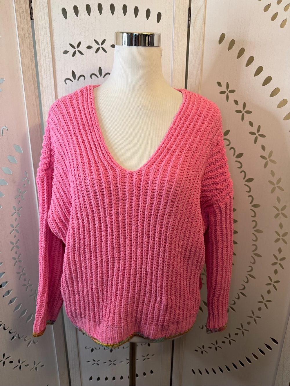 NWT Pink V Neck Sweater with Rainbow Trim